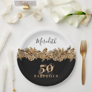 50th Birthday Luxury Golden Flowers Elegant Classy Paper Plate