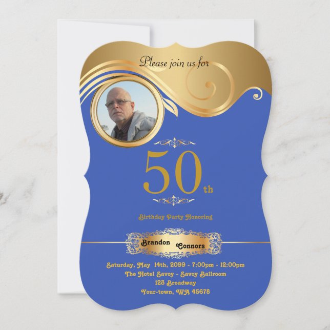 50th,Birthday Man anyage, art deco,Blue Roy gold Invitation (Front)