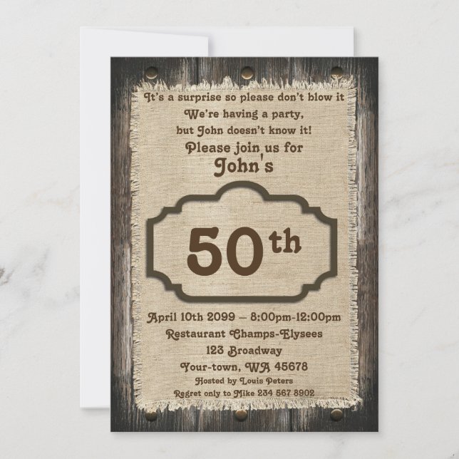 50th,Birthday Man,Party Man,any age,wood,rustic Invitation (Front)
