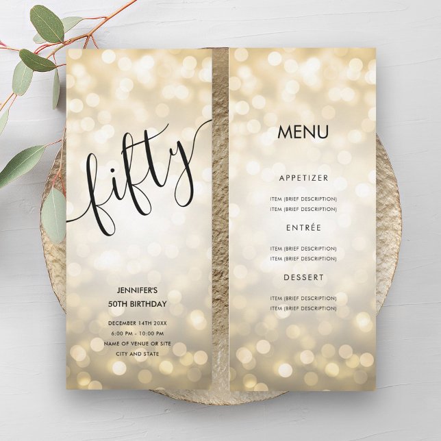 50th Birthday Menu Gold Glitter Lights Invitation (50th Birthday Menu Gold Glitter Lights Invitation)