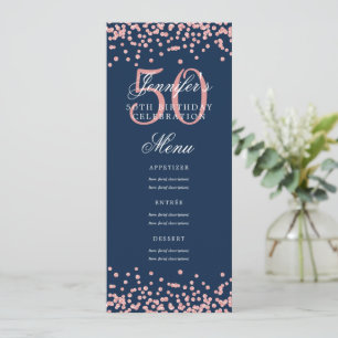 50th Birthday Menu Rose Gold Navy Blue Confetti Invitation