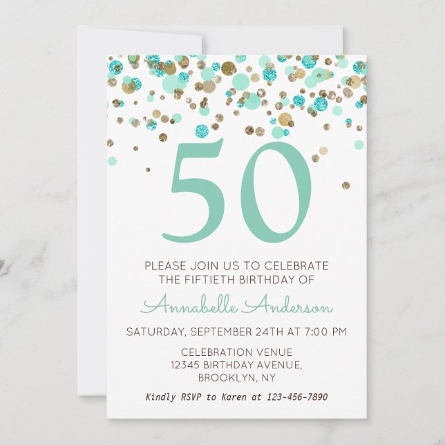 50th Birthday Mint Gold Glitter Sparkle Confetti Invitation (Front)