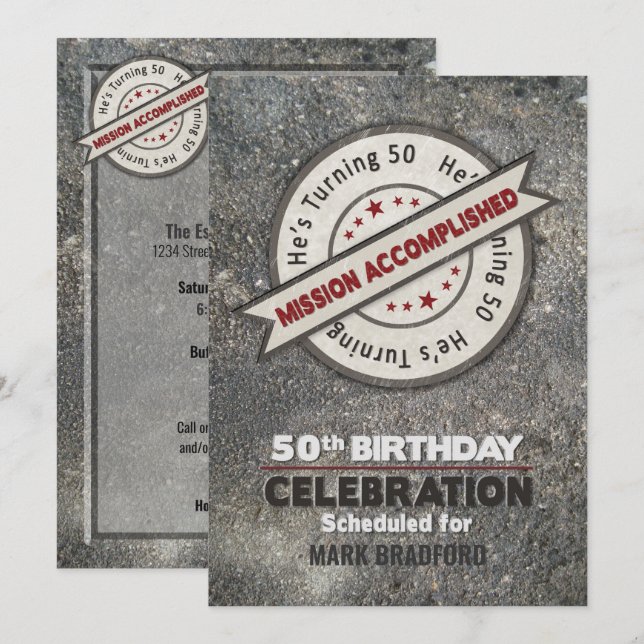 50th Birthday,  Mission Accomplished, Invitation (Front/Back)