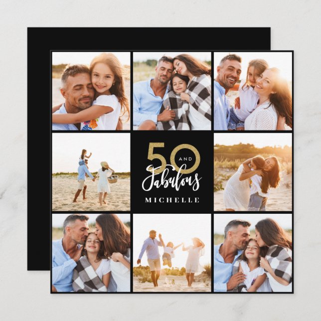50th birthday modern black and gold photo collage (Front/Back)