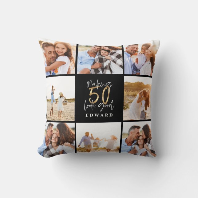 50th birthday modern black and gold photo collage cushion (Front)