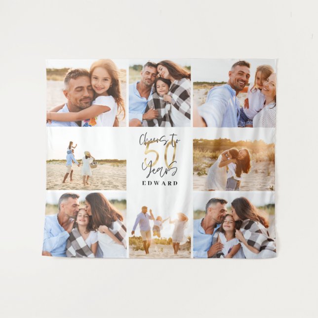 50th birthday modern black and gold photo collage tapestry (Front (Horizontal))