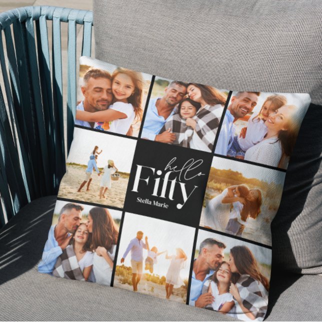 50th birthday modern black photo collage simple cushion (Creator Uploaded)