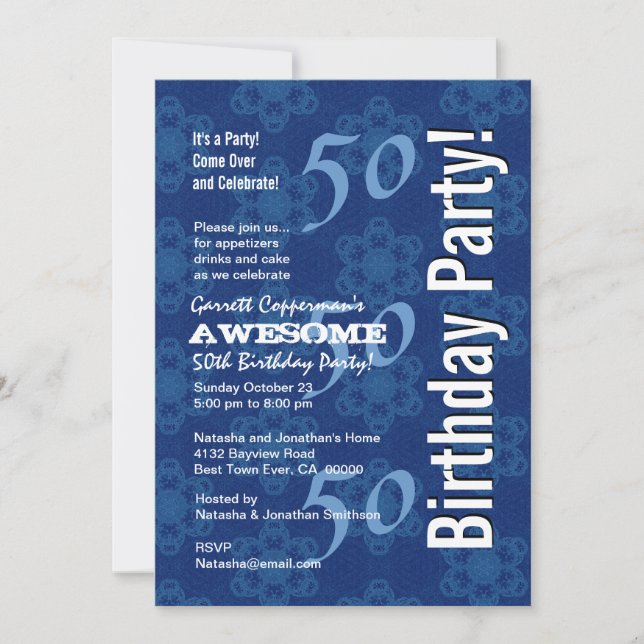 50th Birthday Modern Blue Pattern G212 Invitation (Front)
