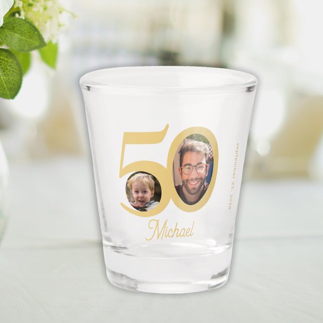 50th birthday modern fun gold script name 2 photo shot glass (Creator Uploaded)