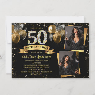50th Birthday Modern Gold Glitter Balloons 2 Photo Invitation