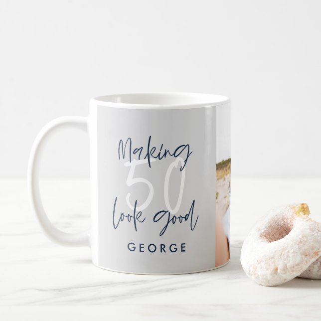 50th birthday modern grey and navy blue photo gift coffee mug (With Donut)