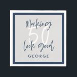 50th birthday modern grey   navy blue photo party  napkin<br><div class="desc">Cheers to 50 years 50th birthday modern grey and navy blue photo party napkins. Modern script text design. Part of a collection.</div>