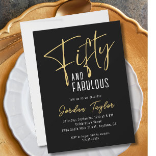 50th Birthday Modern Minimal Script Black & Gold Invitation