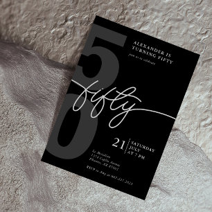 50th Birthday Modern Minimalist Black Grey Invitation