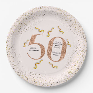 50th Birthday Modern Minimalist Faux Gold Glitter Paper Plate