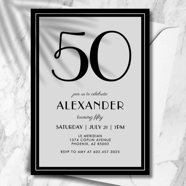 50th Birthday Modern Minimalist Mens Black Grey Invitation (Creator Uploaded)