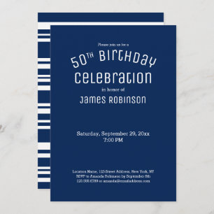 50th Birthday Modern Navy Blue Stripes Invitation