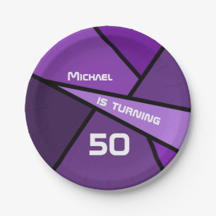 50th Birthday Modern Purple Geometric Shapes Paper Plate