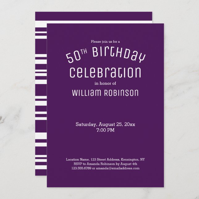 50th Birthday Modern Purple Stripes Invitation (Front/Back)