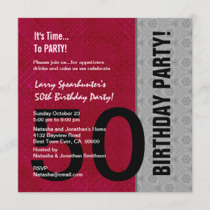 50th Birthday Modern Red Silver Black C947 Invitation