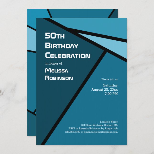 50th Birthday Modern Teal Geometric Shapes Invitation (Front/Back)