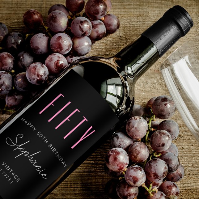 50th Birthday Modern Typography Simple Black Wine Label (Creator Uploaded)