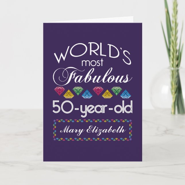 50th Birthday Most Fabulous Colorful Gems Purple Card (Front)