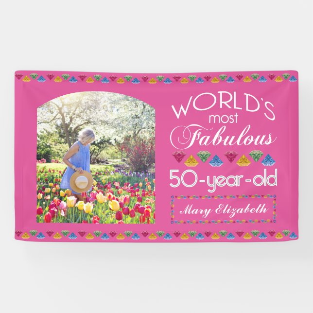 50th Birthday Most Fabulous Gems Pink Your Photo Banner (Horizontal)