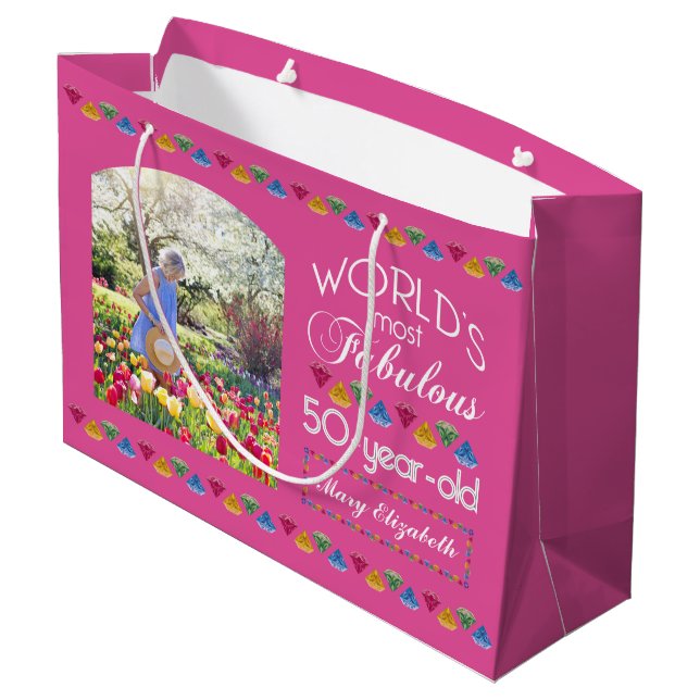 50th Birthday Most Fabulous Gems Pink Your Photo Large Gift Bag (Back Angled)