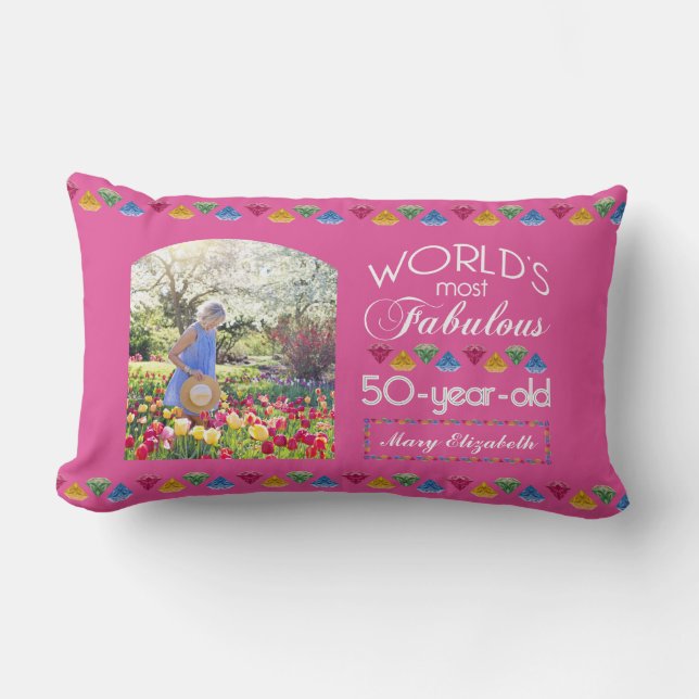 50th Birthday Most Fabulous Gems Pink Your Photo Lumbar Cushion (Front)