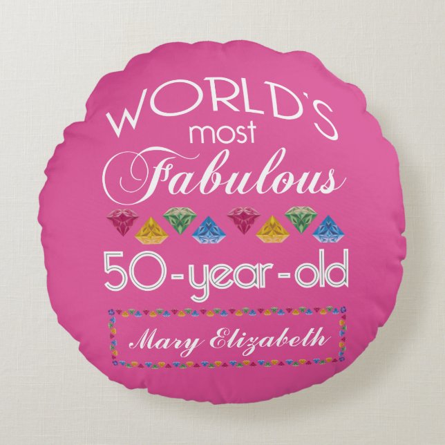 50th Birthday Most Fabulous Gems Raspberry Pink Round Cushion (Front)