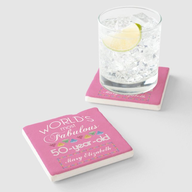 50th Birthday Most Fabulous Gems Raspberry Pink Stone Coaster (Side)