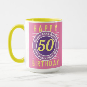 50th Birthday Mug with Age, Name, & Date