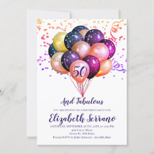 50th Birthday Multi Metallic Coloured Balloons Invitation