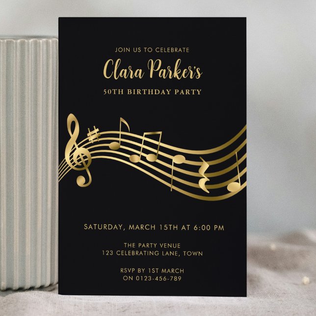 50th Birthday Music Notes Gold Elegant Modern Invitation (Creator Uploaded)