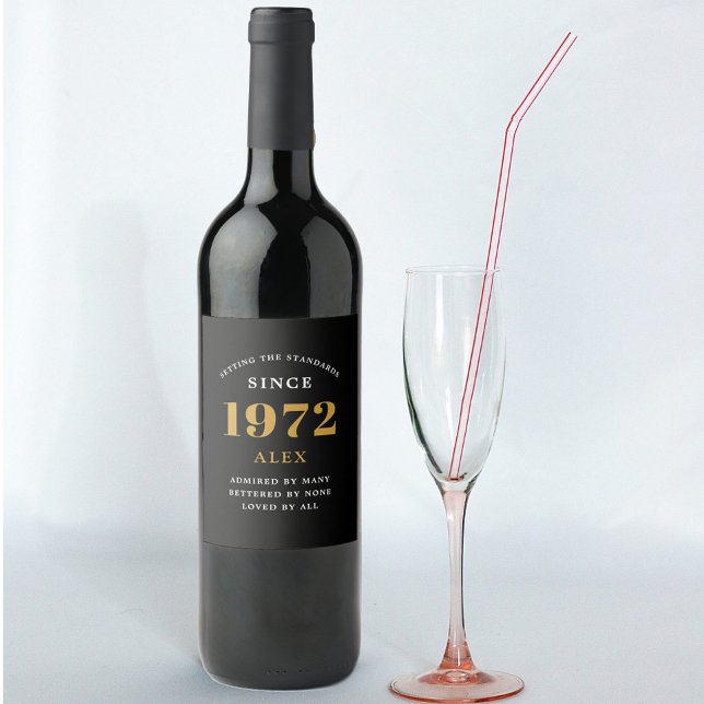 50th Birthday Name 1972 Black Gold Elegant Wine Label (Creator Uploaded)