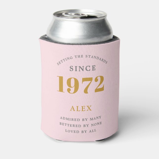 50th Birthday Name 1972 Pink Grey Elegant Chic Can Cooler (Can Back)