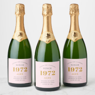 50th Birthday Name 1972 Pink Grey Elegant Chic Sparkling Wine Label