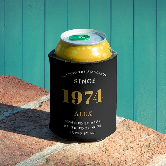50th Birthday Name 1974 Black Gold Elegant Chic Can Cooler (Luxurious 50th Birthday Black and Gold Can Cooler: The perfect party companion.)