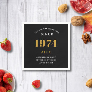 50th Birthday Name 1974 Black Gold Elegant Chic Napkin