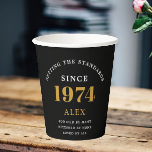 50th Birthday Name 1974 Black Gold Elegant Chic Paper Cups