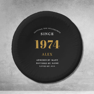 50th Birthday Name 1974 Black Gold Elegant Chic Paper Plate