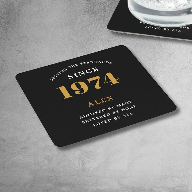 50th Birthday Name 1974 Black Gold Elegant Chic Square Paper Coaster (Premium 50th Birthday Black and Gold Personalized Paper Coasters - Celebration Elegance.)