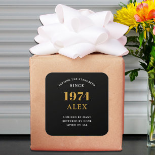 50th Birthday Name 1974 Black Gold Elegant Chic Square Sticker