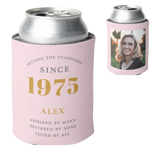 50th Birthday Name 1975 Chic Pink Grey Photo Can Cooler (Personalized pink 50th birthday can cooler with custom photograph and name.)