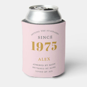 50th Birthday Name 1975 Pink Grey Elegant Chic Can Cooler
