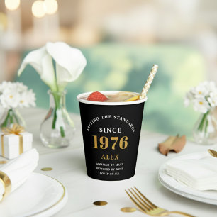 50th Birthday Name 1976 Black Gold Elegant Chic Paper Cups