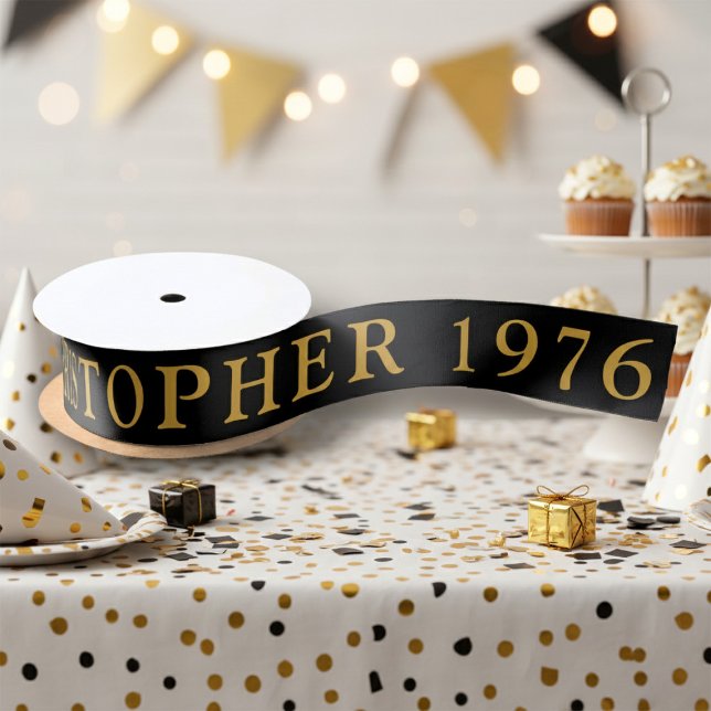 50th Birthday Name 1976 Black Gold Elegant Chic Satin Ribbon (Born 1976 ribbon.)