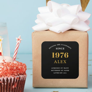 50th Birthday Name 1976 Black Gold Elegant Chic Square Sticker