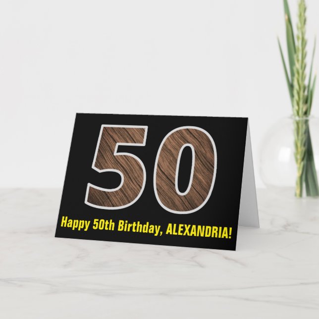 50th Birthday: Name + Faux Wood Grain Pattern "50" Card (Front)